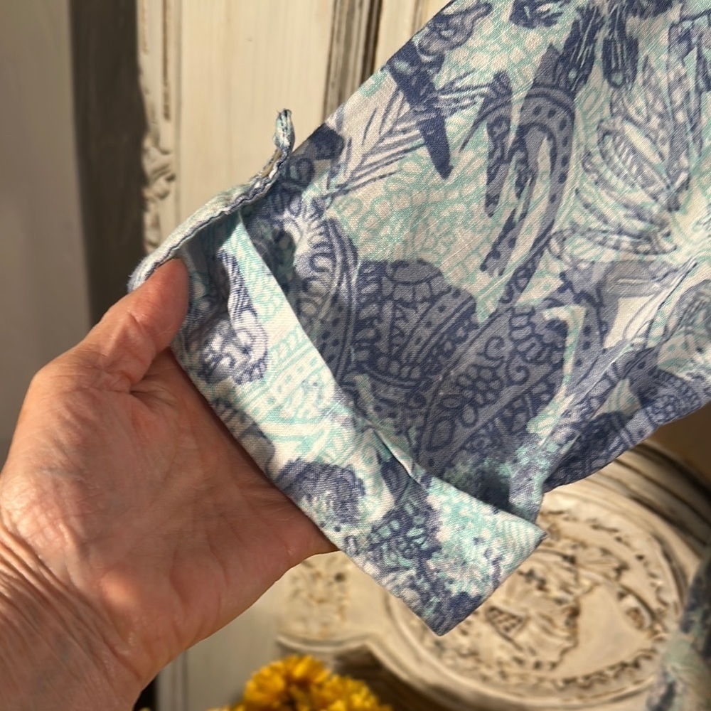 Ruby Rd. Graphic Mid Sleeve Button Down Blue Top … - image 5